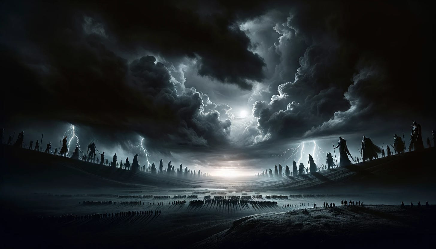 A dramatic landscape under a stormy sky, with dark, ominous clouds gathering overhead. The horizon splits the scene into two distinct halves. On one side, a vast army with towering figures casts long shadows across the land, their silhouettes stark and imposing against the backlight of lightning flashes. On the other side, a smaller group stands defiant, their forms diverse and resilient, illuminated by sporadic beams of sunlight piercing through the clouds. The contrast between the great and small forces is emphasized by their respective distances from the horizon, creating a sense of impending conflict. The atmosphere is charged with tension, the land between them untouched, waiting for the inevitable clash.