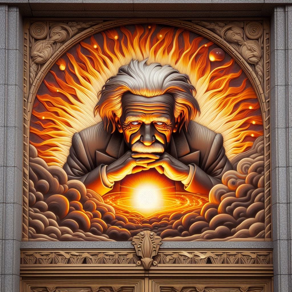 Einstein staring at the Big bang in the form of a burning bush; art deco style, building frieze