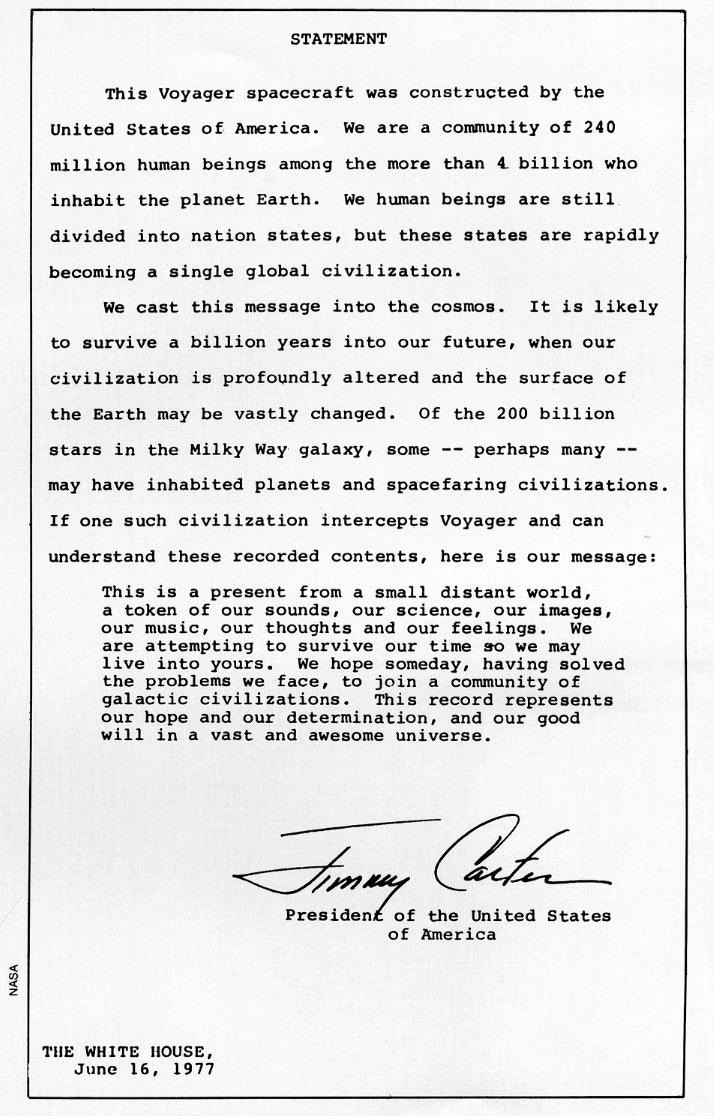 r/space - Jimmy Carter's note placed on the Voyager spacecraft from 1977