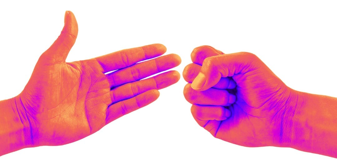 An open hand facing the view on the left and a closed fist on the right. Both are saturated with orange and purple