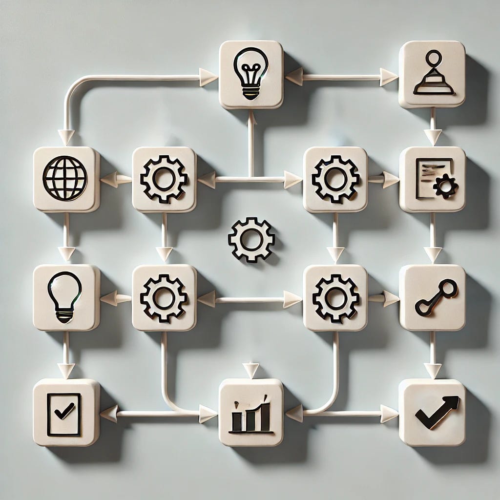 A minimalist flowchart with a series of simple event icons, such as a lightbulb for an idea, a gear for a process, and a checkmark for completion, connected by arrows. Each event icon represents a step in a process, with the arrows showing the flow from one event to the next, ultimately leading to a final state. The image should visually convey the concept of building the current state from a sequence of past events, with a clean and professional design. The background is plain, allowing the event flow to stand out clearly. Capture the scene with a Canon TS-E 17mm f/4L Tilt-Shift lens for a wide-angle view, set at f/8 for moderate depth of field, with a shutter speed of 1/250s to avoid motion blur, and an ISO setting of 200 for a clear, well-lit image. Use a warm white balance and high contrast to enhance the image's clarity and engagement.