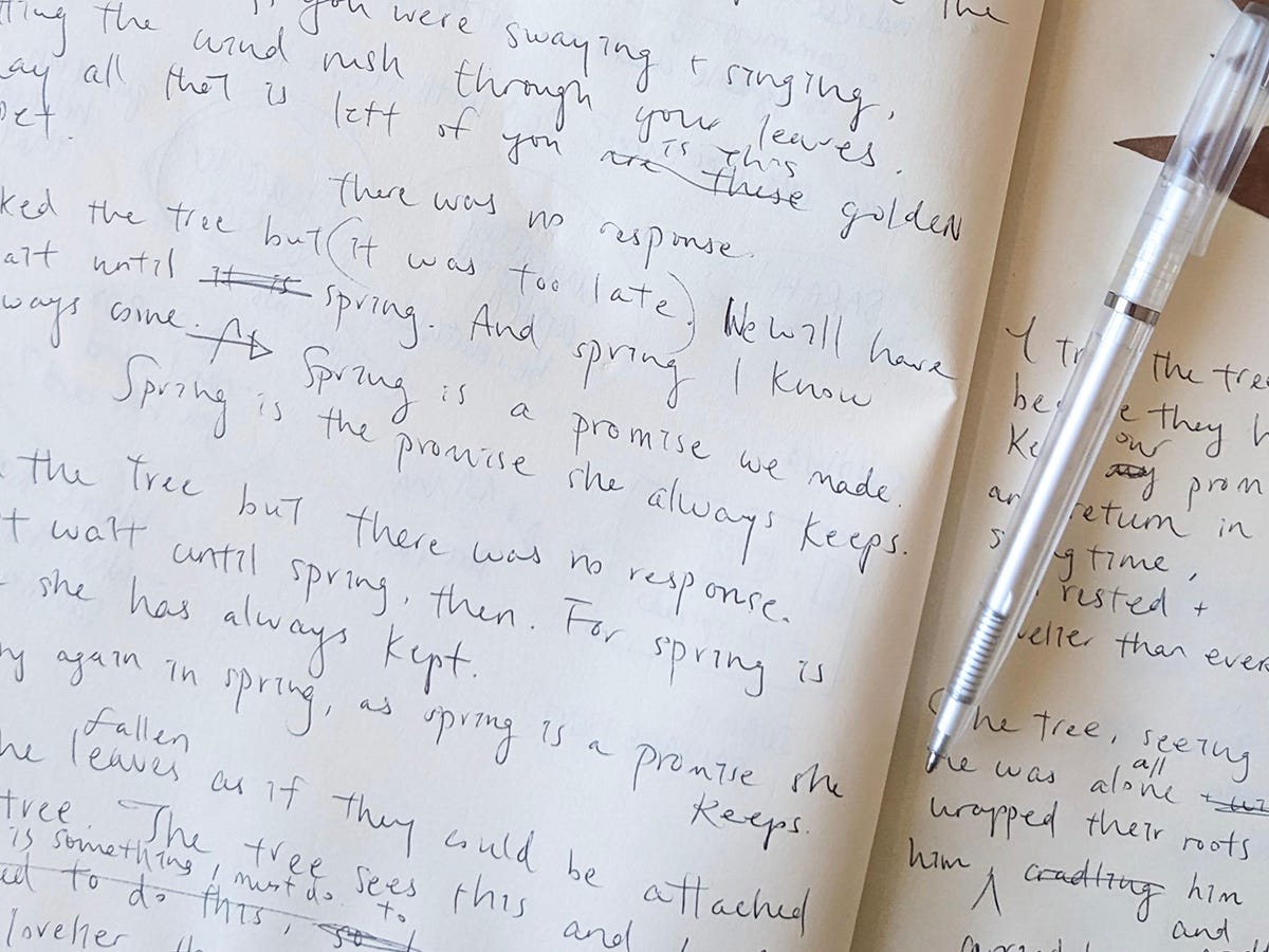 A zoomed-in image of an open sketchbook with lots of writing on the pages.