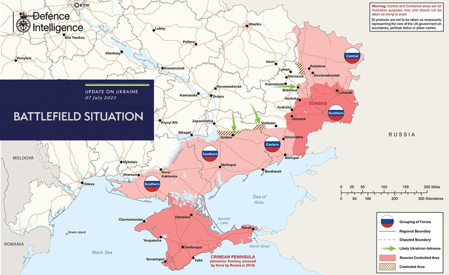 The map below is the latest Defence Intelligence update on the situation in Ukraine – 07 July 2023.  