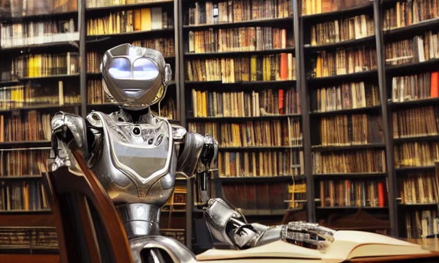 A humanoid robot sitting at a table reading a book in a library