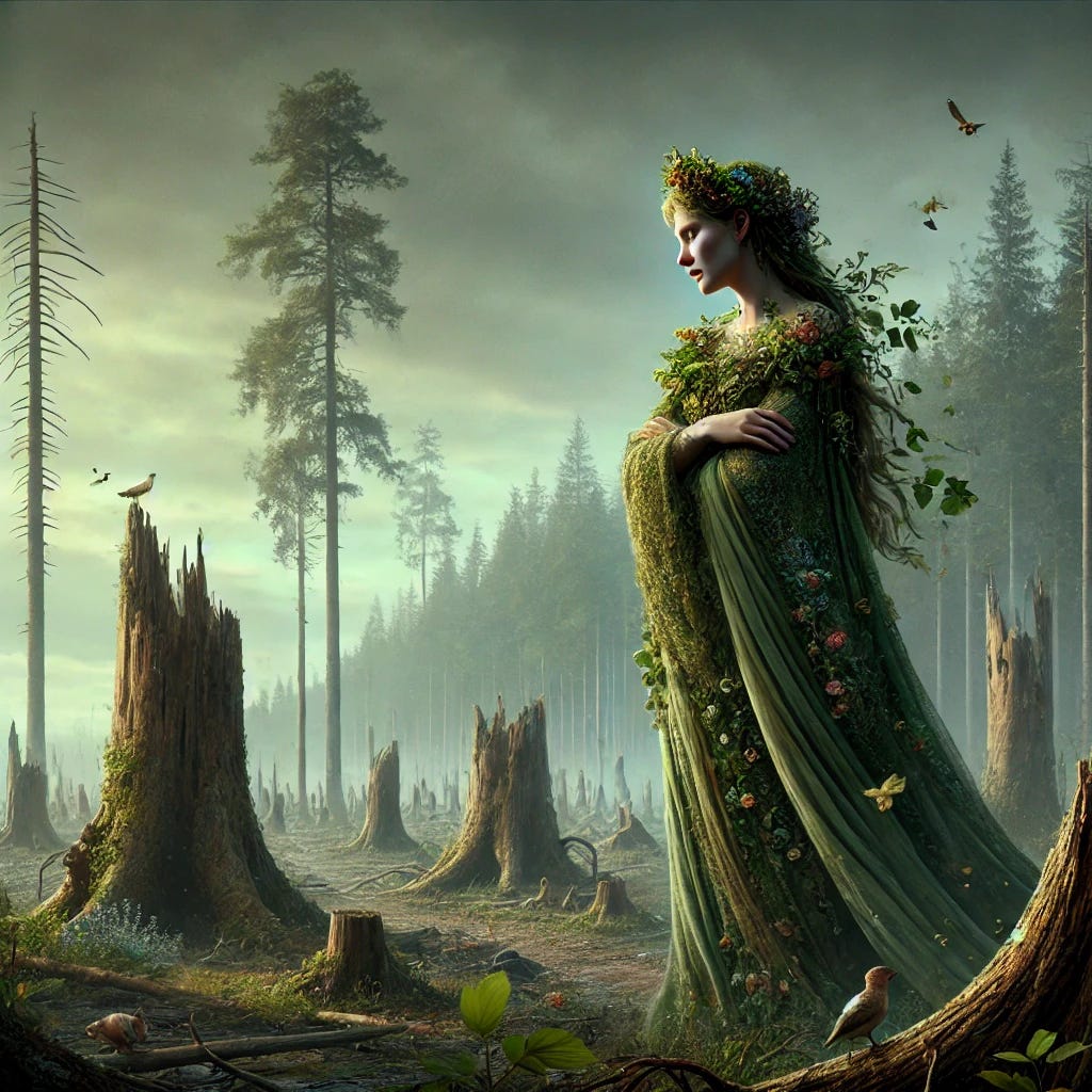 A highly realistic digital painting of the sublime goddess Gaia standing in a devastated forest, sorrowfully gazing at numerous tree stumps where a lush forest once stood. Her appearance is lifelike, with detailed facial features showing deep sorrow. Her flowing green and earthy-toned gown blends with nature, and her long hair, adorned with leaves and flowers, flows gently. The sky is overcast, and a soft light surrounds her, emphasizing her divine yet realistic presence. Small animals and birds watch from a distance, symbolizing loss and despair. The atmosphere is melancholic, portraying the destruction of nature.