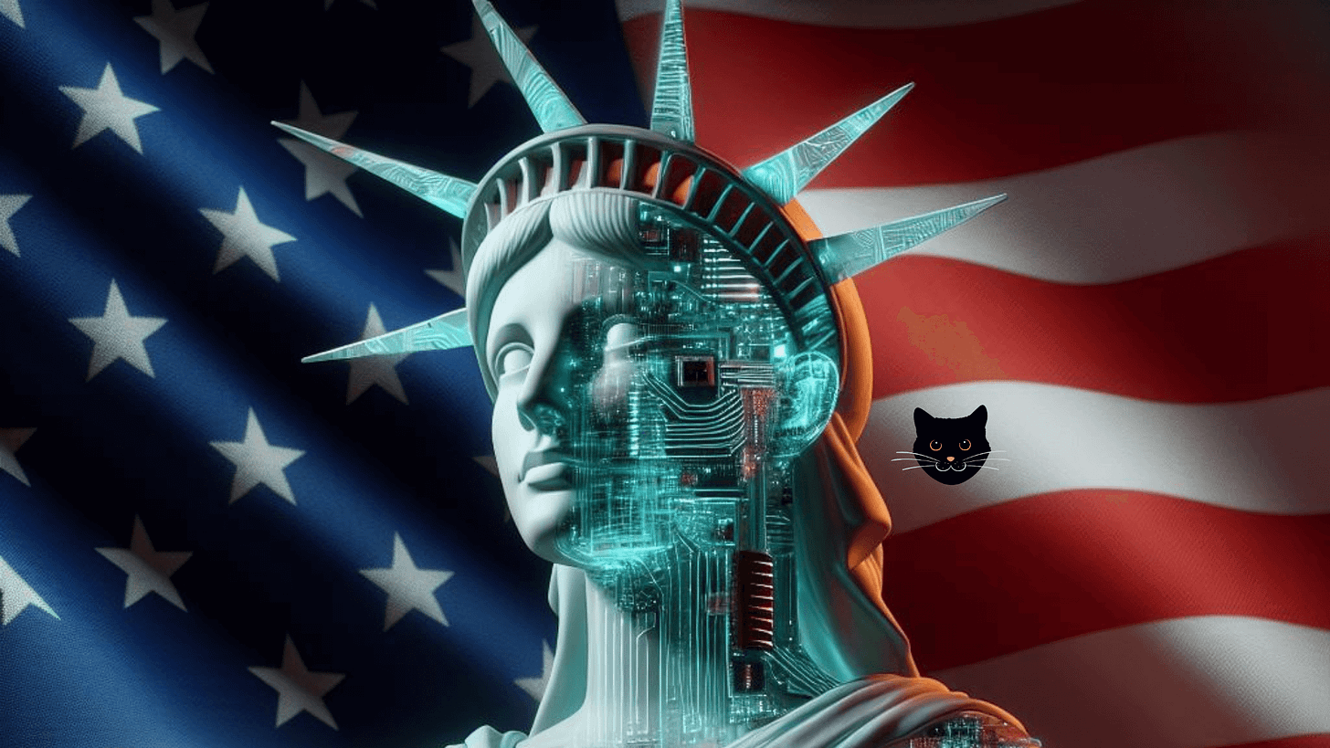 Image of robotic Statue of Liberty and a cat face
