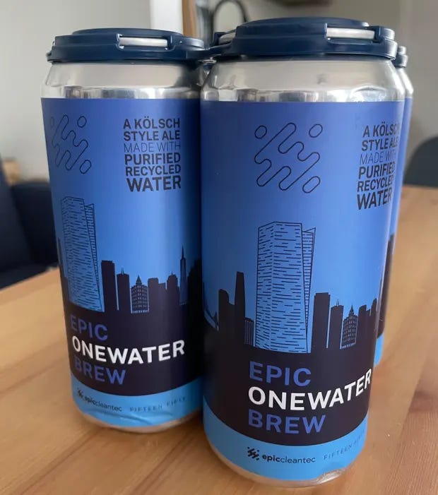 cans of Epic Onewater Brew, a greywater beer