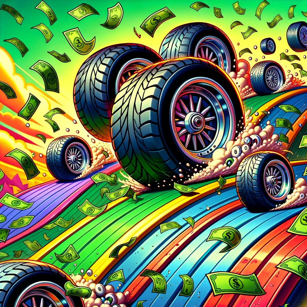 A vibrant, cartoon-style illustration showing numerous large, exaggerated tires and wheels rolling along, energetically collecting high premium cash. The scene should have a more colorful, old-timey feel, similar to early 20th-century cartoons but with a wider range of bright colors. The wheels are actively bouncing and rolling down a hill, with an abundance of cash bills flying out from them, suggesting a lively collection of wealth. The background should be colorful and dynamic to match the lively scene.