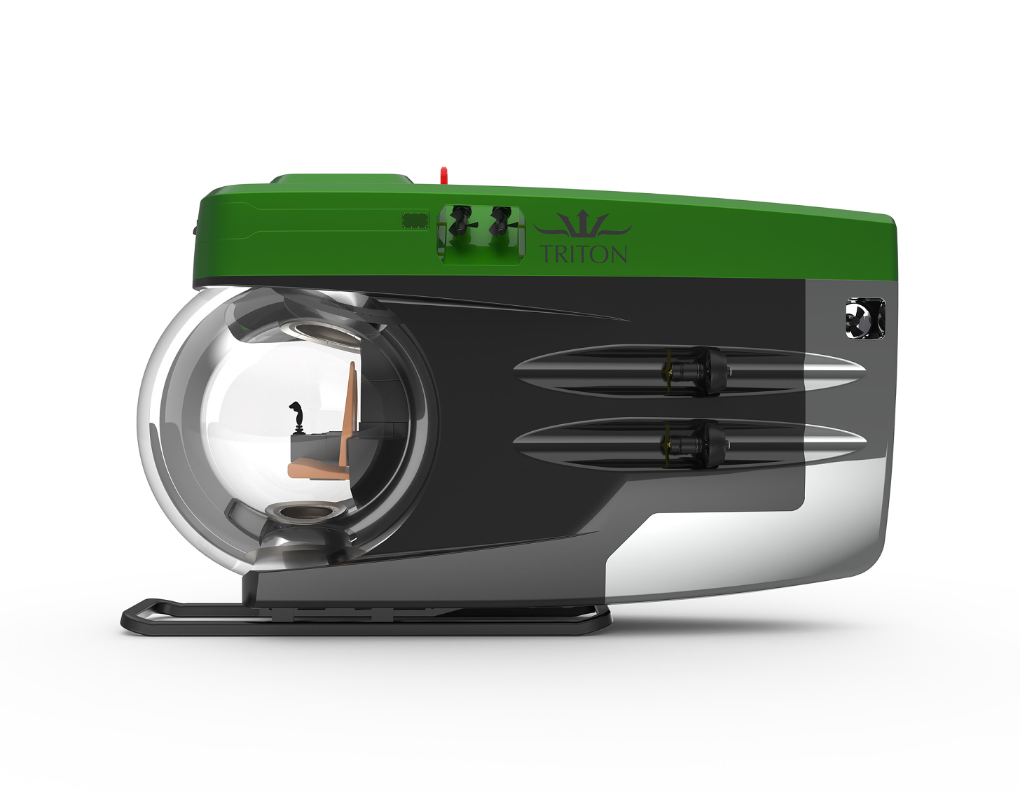 An undersea ship that is kind of rectangular with a big glass ball on one end. The top is green and the rest is black. It's kind of stapler/staple-puller shaped.