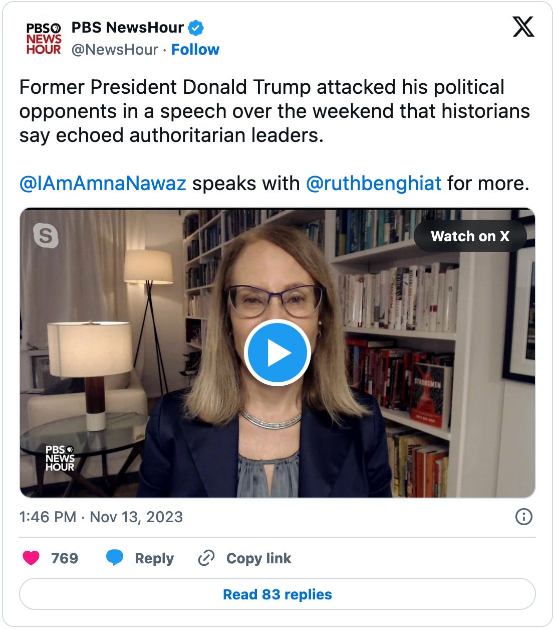 November 13, 2023 tweet from PBS NewsHour reading, "Former President Donald Trump attacked his political opponents in a speech over the weekend that historians say echoed authoritarian leaders.  @IAmAmnaNawaz  speaks with @ruthbenghiat for more." The tweet also includes a screenshot of Ruth Ben Ghiat conducting an interview in front of a bookcase.