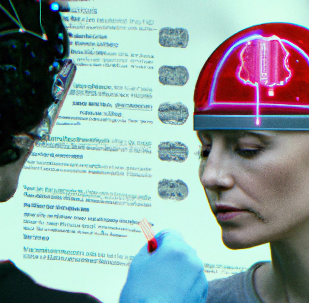 Psilocybin client wears data collection helmet while researcher studies extracted data
