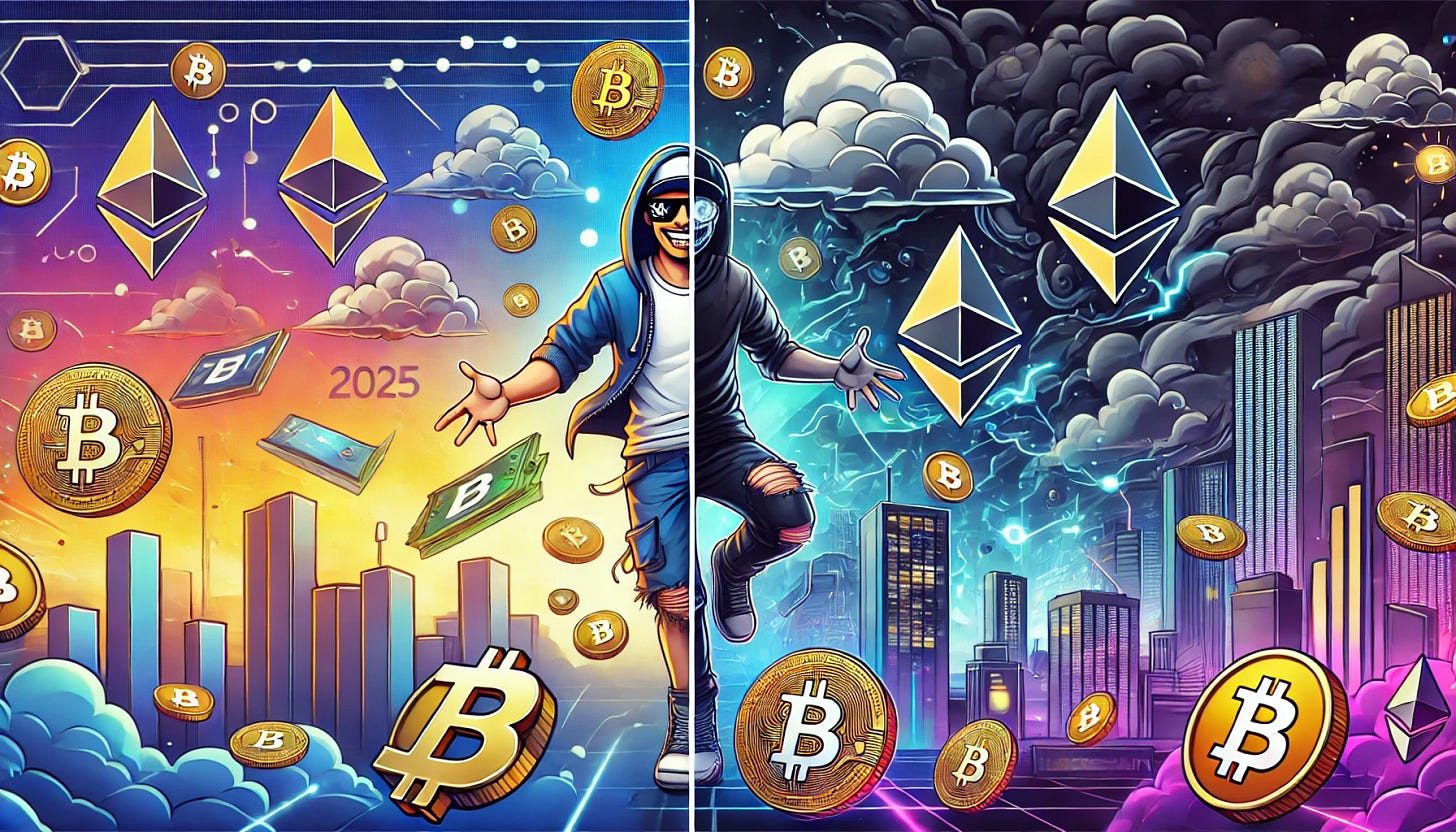 A banner illustration featuring a 'cryptobro' character with a dynamic and emotional expression, capturing a mix of hope and anxiety. The character is wearing modern tech-inspired clothing, surrounded by glowing cryptocurrency symbols like Bitcoin, Ethereum, and blockchain motifs. The background portrays a futuristic cityscape of 2025 with vibrant, optimistic colors on one side and dark, ominous clouds on the other. The contrast reflects the dual emotions: bright digital progress versus looming risks. The scene is stylized and eye-catching, with a dramatic, emotional tone.