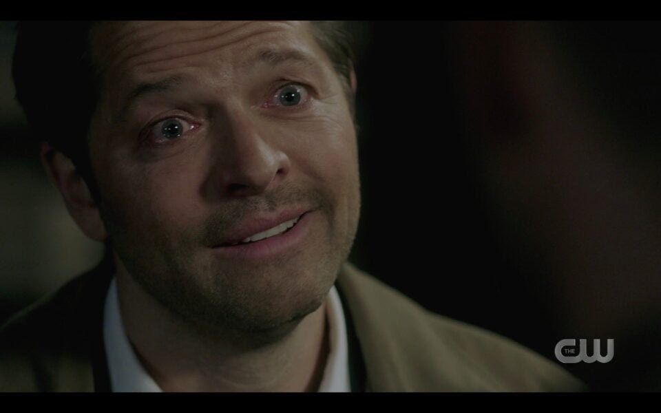 Supernatural Castiel smiling through sobbing tears to Dean Winchester 1518