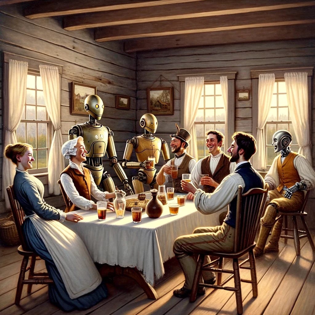 A group of men, women, and robots sit around a table with drinks laughing in a wooden house. The clothing is representative of 19th century wardrobes.