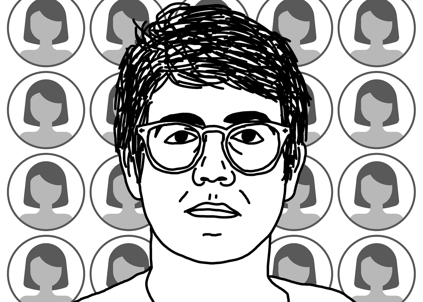 A black line drawing of Alex Porter, the protagonist of "I Hear You Watching." He is white, short messy parted hair, glasses. He stares straight at you, unsmiling. Behind him is a grid of gray, anonymous female avatars.