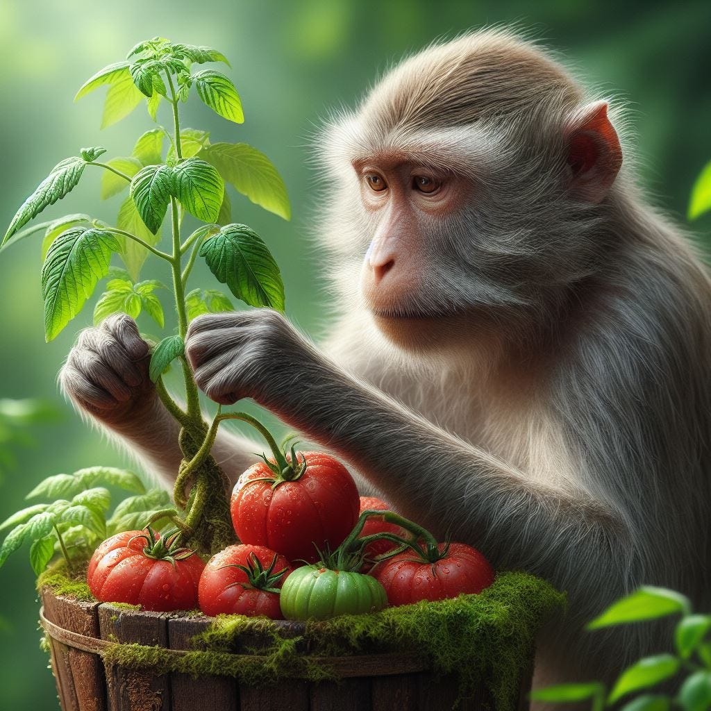 A realistic Monkey caring a tomato plant