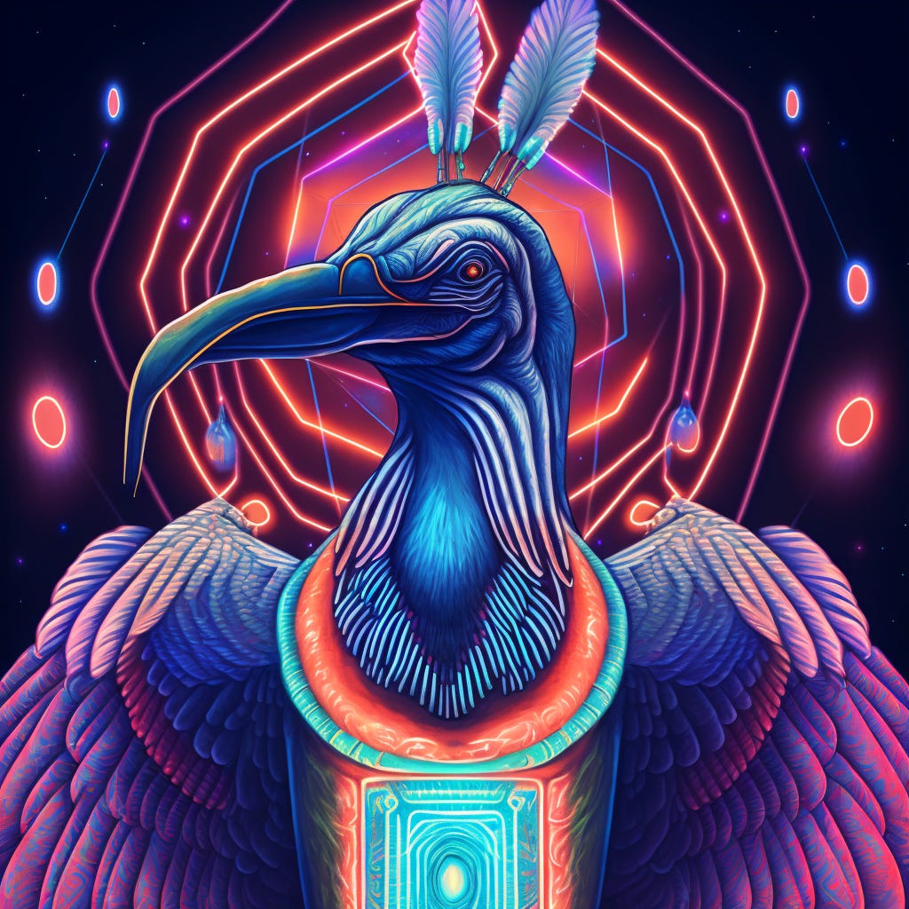 Neon cyber Thoth the ibis headed ancient god of wisdom