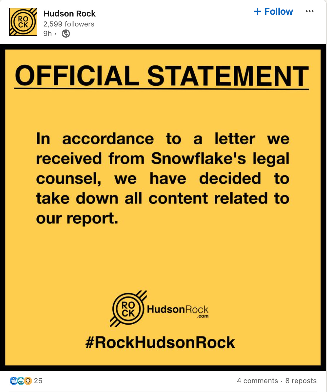 A screenshot from Hudson Rock's LinkedIn claiming they took down the Snowflake report