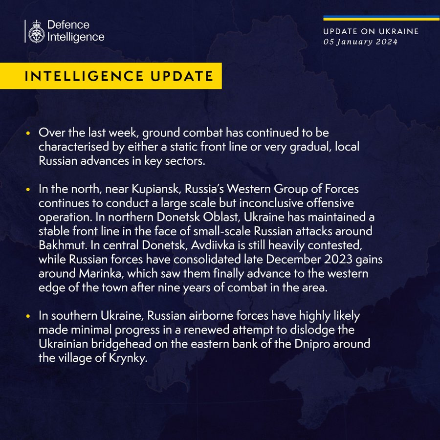 Defence Intelligence Update - 05 January 2024

Over the last week, ground combat has continued to be characterised by either a static front line or very gradual, local Russian advances in key sectors.

In the north, near Kupiansk, Russia’s Western Group of Forces continues to conduct a large scale but inconclusive offensive operation. In northern Donetsk Oblast, Ukraine has maintained a stable front line in the face of small-scale Russian attacks around Bakhmut. In central Donetsk, Avdiivka is still heavily contested, while Russian forces have consolidated late December 2023 gains around Marinka, which saw them finally advance to the western edge of the town after nine years of combat in the area.

In southern Ukraine, Russian airborne forces have highly likely made minimal progress in a renewed attempt to dislodge the Ukrainian bridgehead on the eastern bank of the Dnipro around the village of Krynky.