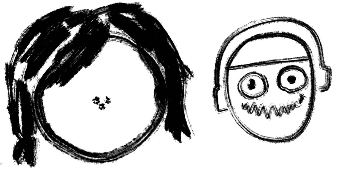 Sketch of a round face person with facial features squashed in the middle. The person on the right has a menancing smile and wears headphones and cap