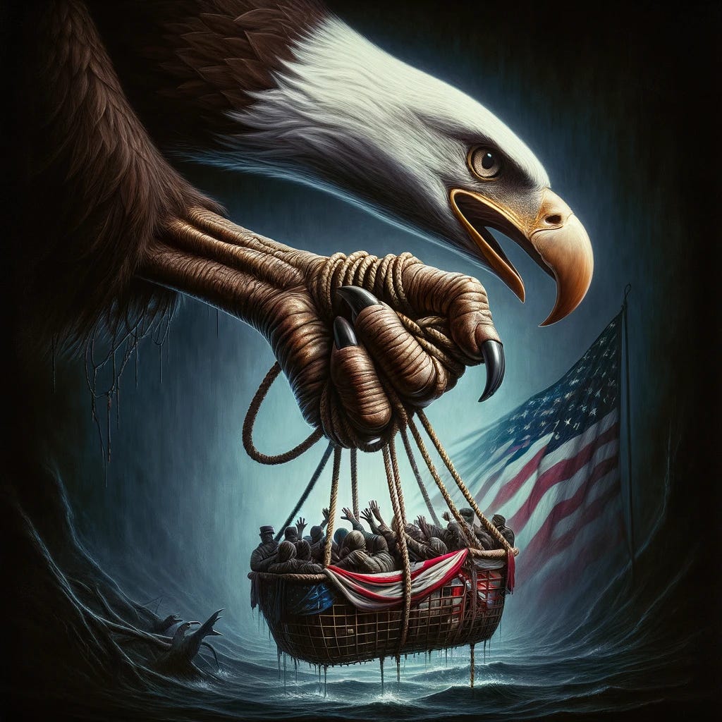 An image depicting an eagle's claw gripping a rope, with the other end of the rope attached to a basket filled with rescued people. The scene is set against a dark background to emphasize a sense of urgency and hope amidst despair. To add a layer of symbolic meaning, a faded American flag is subtly integrated into the background, symbolizing national pride and the spirit of rescue and survival. The composition combines elements of realism with a touch of allegory, using shadows and light to highlight the details of the eagle's claw and the expressions of gratitude on the faces of the people in the basket.