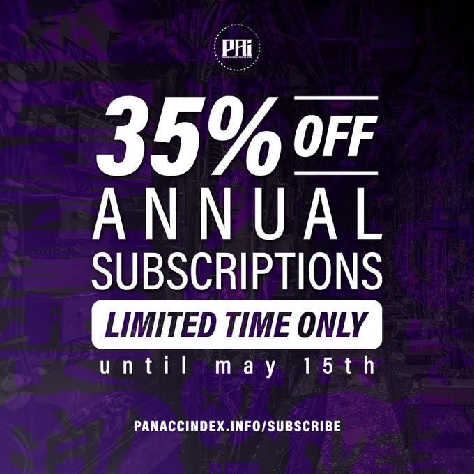 Image: promo graphic for the PAI 35% off annual subs (~$35) until May 15th
