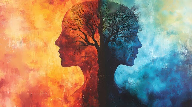 a tree with red hell and blue heaven signifying memories are cruel