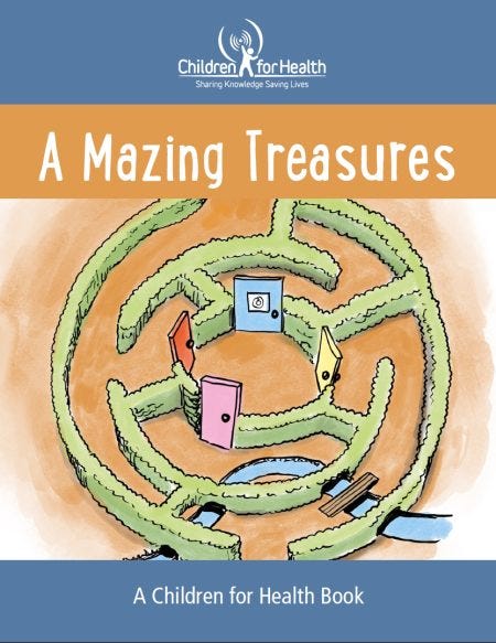 Cover of A Mazing Treasure, it has a round maze featuring four doors in the middle and stream through the bottom quarter.