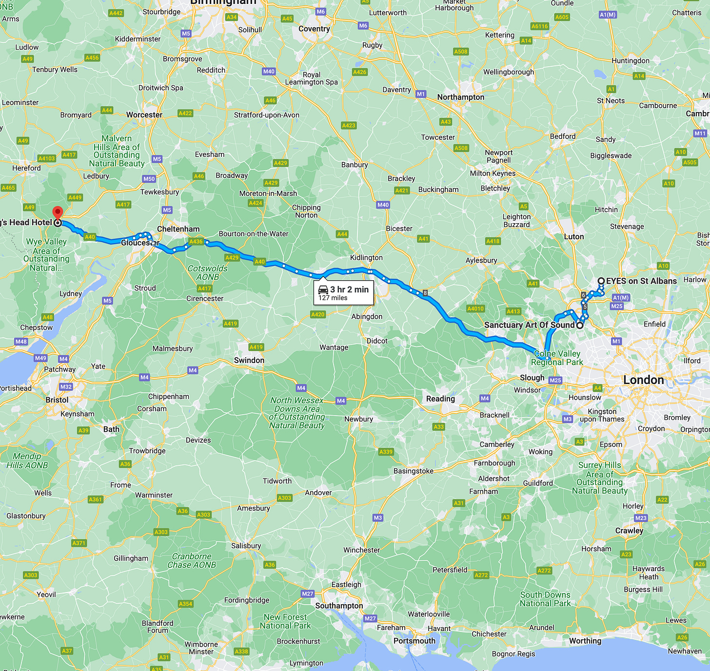 A map showing the route from St Albans to Ross-on-Wye, UK