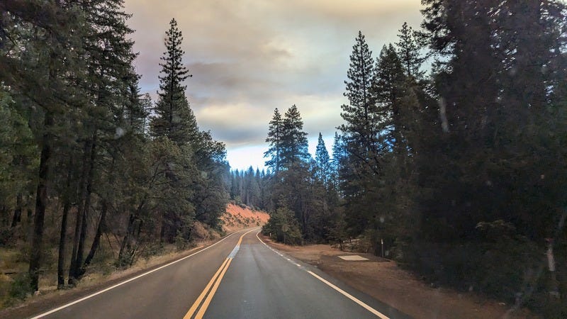 A photo of the road, evergreen trees on both sides, clear sky in the distance, and smoke covering where we are