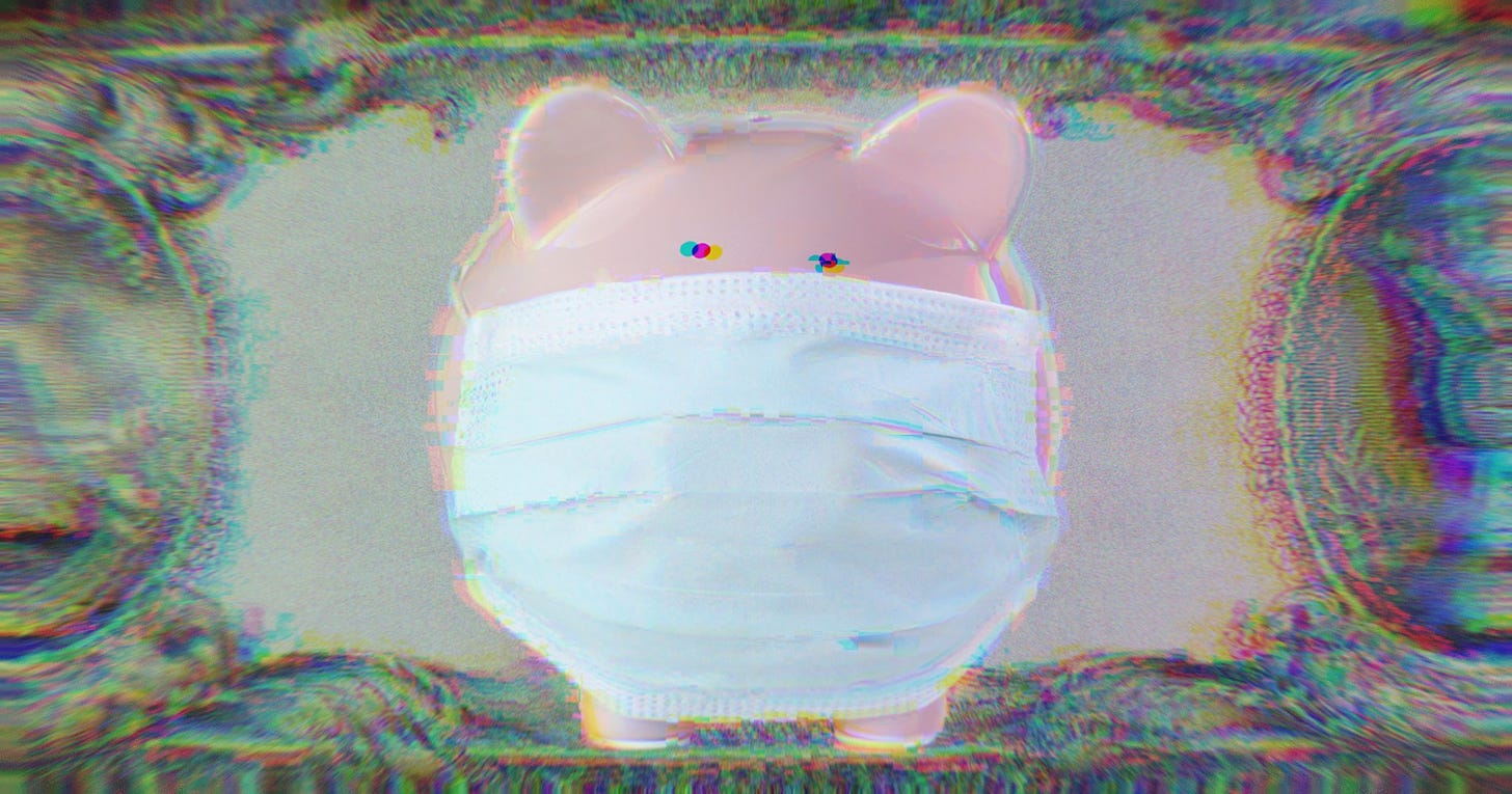 A piggy bank weaaring a mask; bank contagion concept