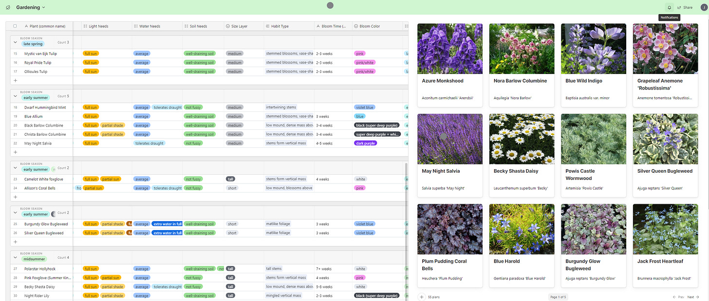 a screenshot of an airtable base with a grid view on the left, and a gallery view of flowers on the right