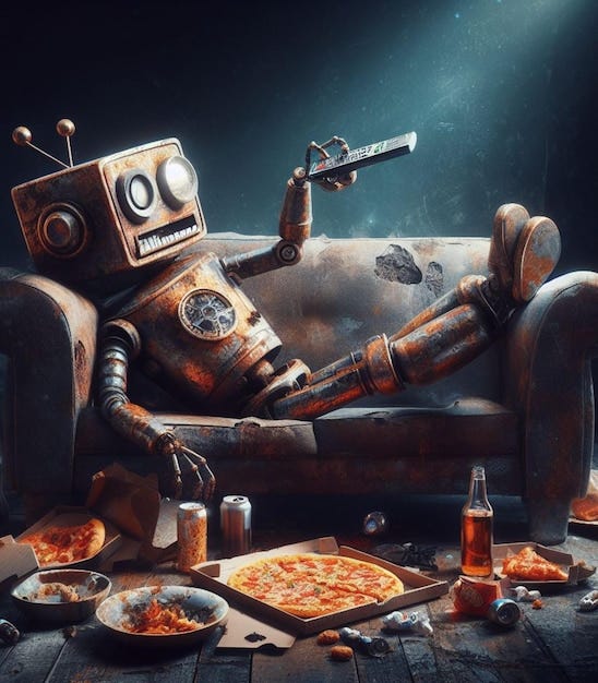 Premium AI Image | lazy robot lying in sofa after eating junk food