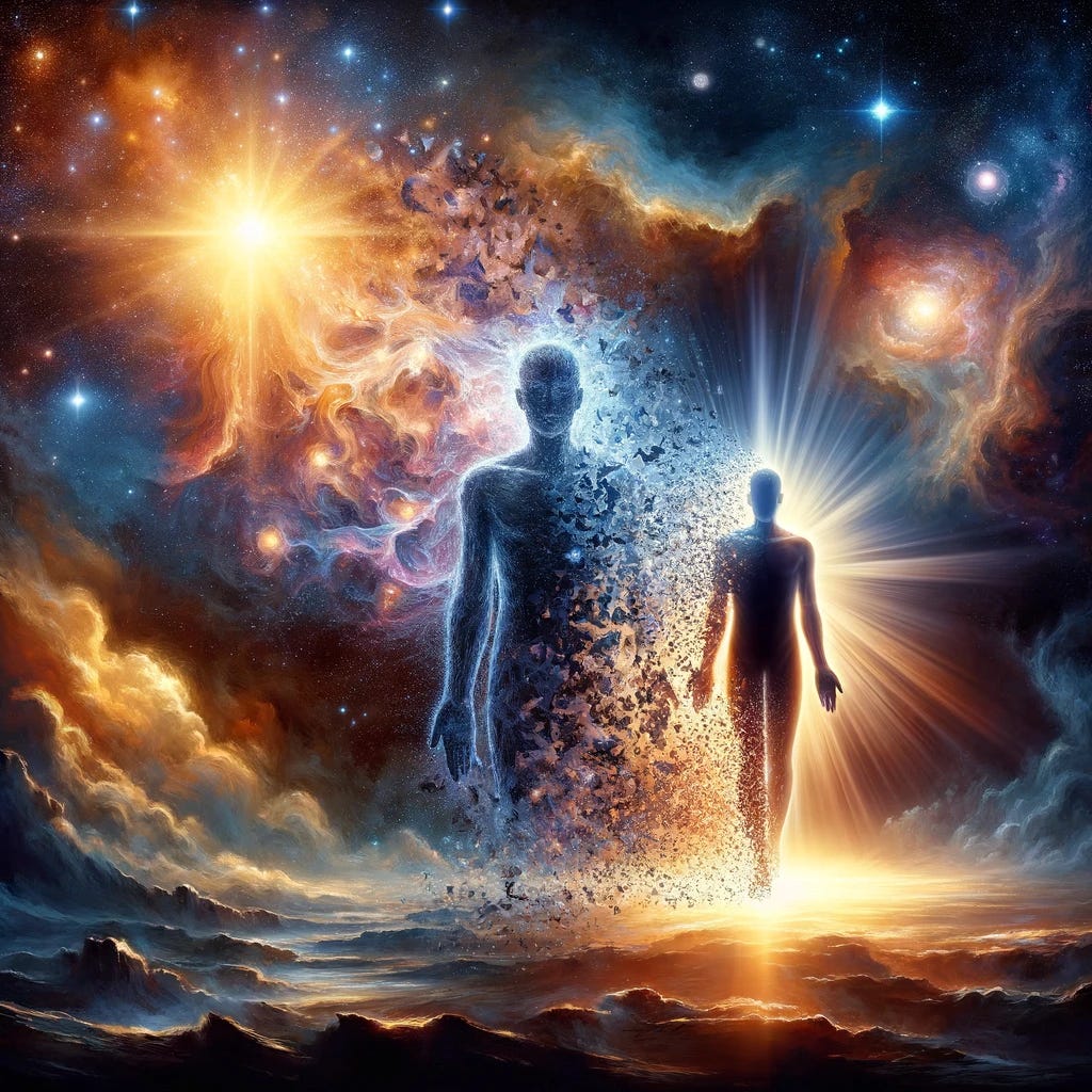 A symbolic representation of the journey from ego death to soul awakening. The image depicts a serene and enlightened figure emerging from the shadows of a fragmented and dissipating silhouette, symbolizing the ego. This figure is surrounded by a radiant light, embodying the awakened soul's purity, wisdom, and connection to the universe. The background is a cosmic tableau, filled with stars and nebulae, representing the vastness of spiritual enlightenment and the infinite potential of the human spirit. This visual metaphor captures the essence of transcending the superficial self to embrace a deeper, more authentic existence.