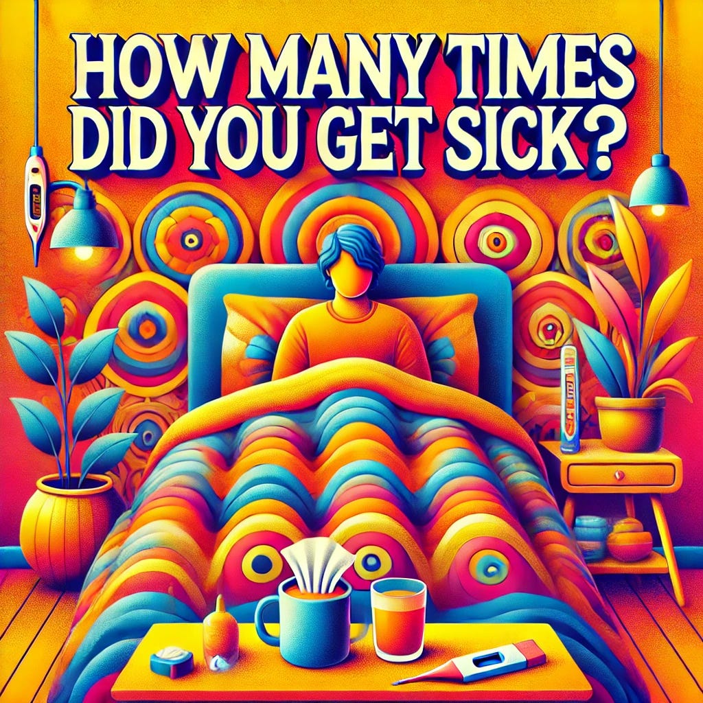 A vibrant and colorful conceptual illustration for the question 'How many times did you get sick?' featuring a photo-realistic depiction of a person lying in bed. The person is in a cozy, brightly colored bedroom with cheerful, warm tones. The blankets have a vivid pattern, and the tissues, thermometer, and cup of tea on the bedside table stand out with bright, engaging colors. The atmosphere combines the feeling of illness with an uplifting, hopeful vibe. The text 'How many times did you get sick?' is integrated into the design with a bold, playful font.