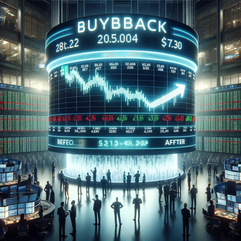 A visual representation of a stock buyback showing the reduction in the number of shares in circulation. The image features a large digital stock ticker display in a bustling stock exchange environment. The display shows a before-and-after comparison of the number of shares in circulation, with the 'after' number significantly lower, indicating a buyback. The background includes traders and financial analysts observing the changes, visibly impressed by the strategic move. The scene captures the dynamic nature of the stock market and the direct impact of a stock buyback.