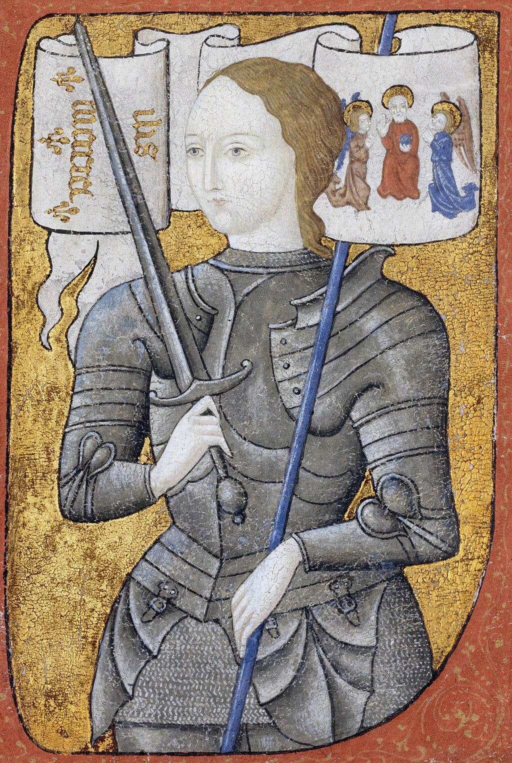 An image of a woman dressed in silver armor, holding a sword and a banner. An image of a woman dressed in silver armor, holding a sword and a banner.
