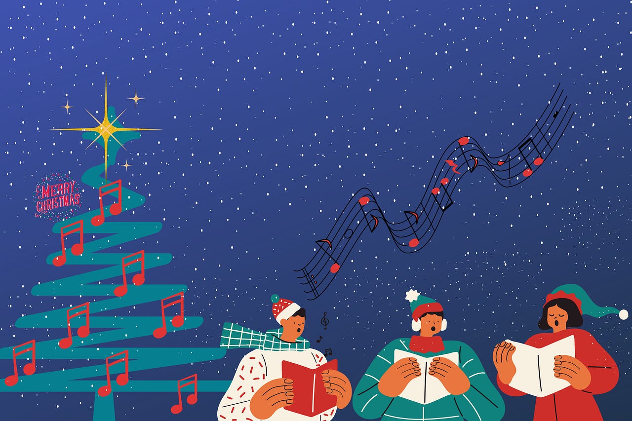 A vector illustration of a starry sky, underneath on the left is a wazy Christmas tree with musical note ornaments, and on the right are three people holding booklets singing in their Christmas costumes.