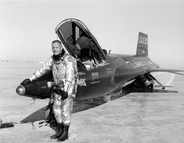 NASA research pilot Neil Armstrong following a mission in the first X ...