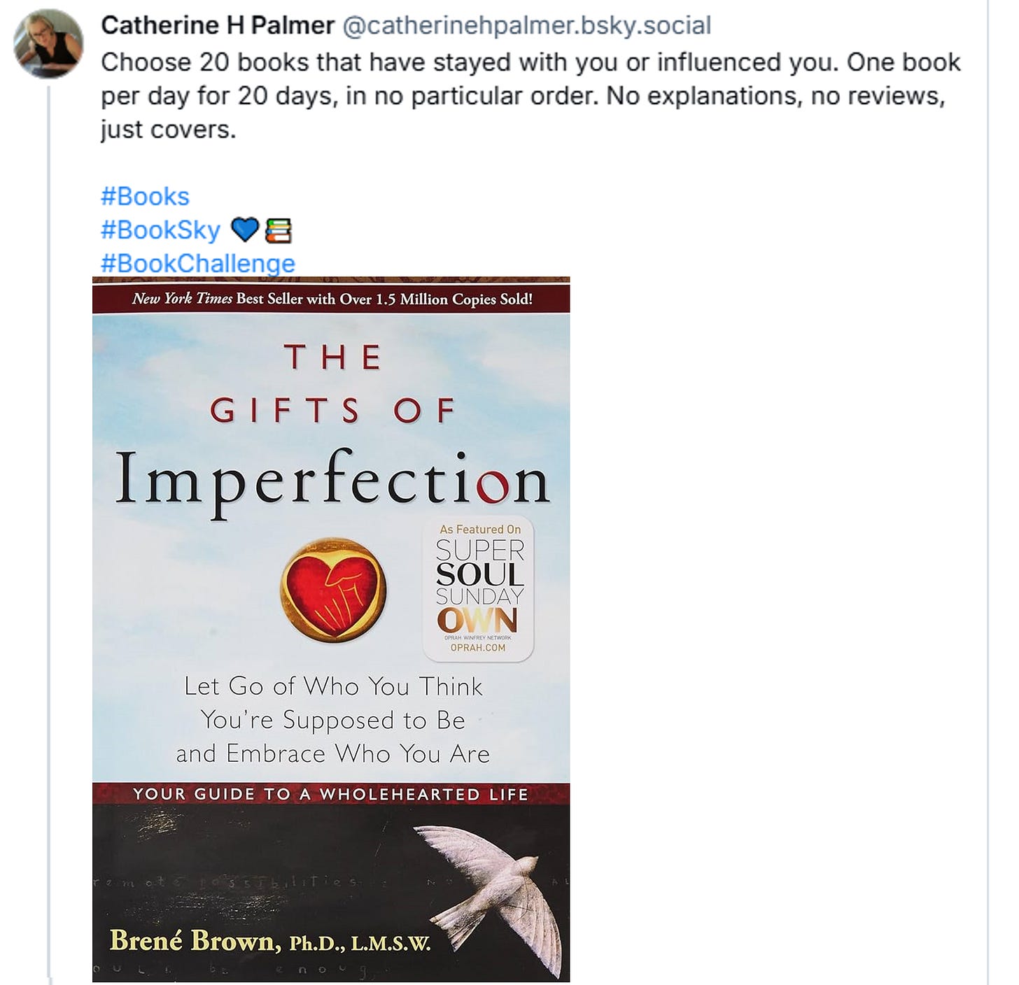 Bluesky post #BookChallenge shows cover of The Gifts of Imperfection by Brene Brown