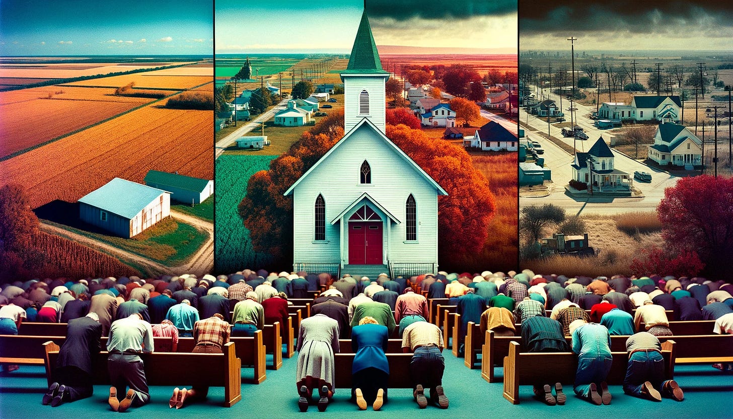 People in pews, a collage of communities in the background, a small church building in front