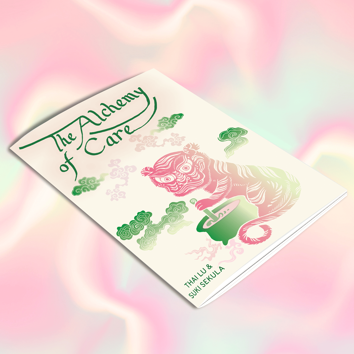 Book cover with pink tiger and green background