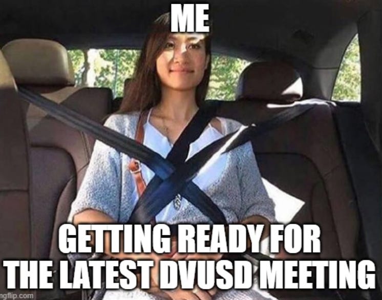 Person in car wearing multiple seatbelts with caption "Me, getting ready for the latest DVUSD meeting"