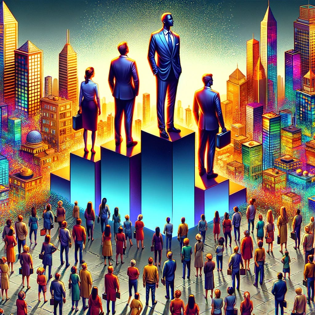 A conceptual illustration representing elite theory, featuring a small, elevated group of figures dressed in opulent, modern business attire, looking down upon a much larger, diverse group of ordinary people who are depicted in various everyday activities. The scene is set in a symbolic, abstract cityscape, where the elite are standing on a higher platform, symbolizing their elevated status and power. The overall tone should convey the contrast between the privileged few and the general population, using a vivid color palette to emphasize the divide.