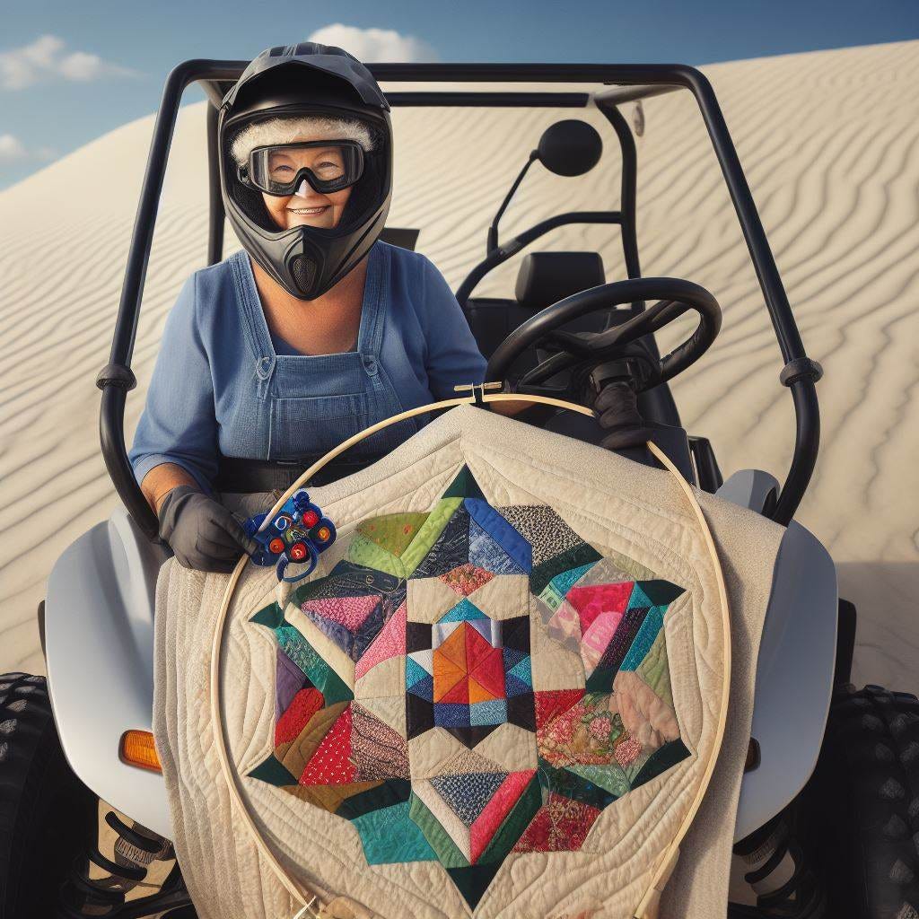 grandma on a dune buggy quilting