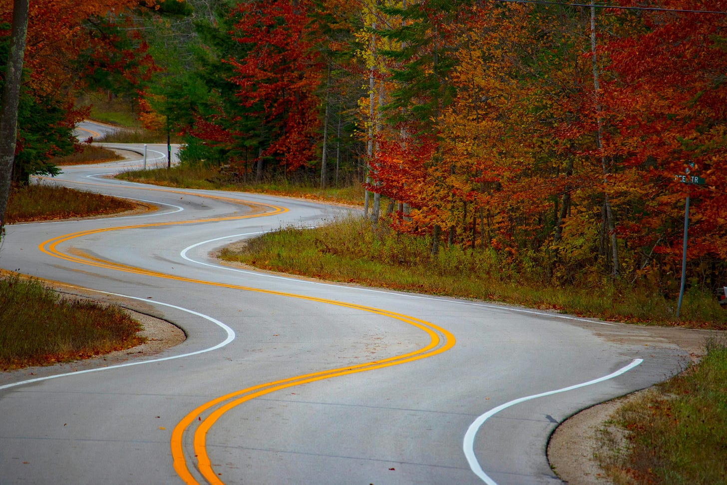 Long winding road surrounded by autumnal foliage Long winding road surrounded by autumnal foliage