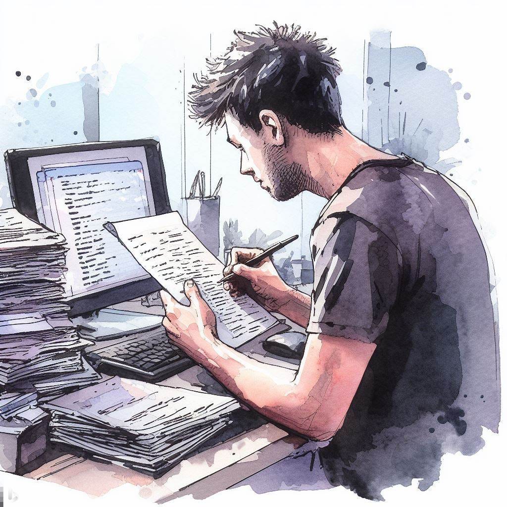 A guy writing a bunch of lists on a legal pad in front of his computer, watercolor