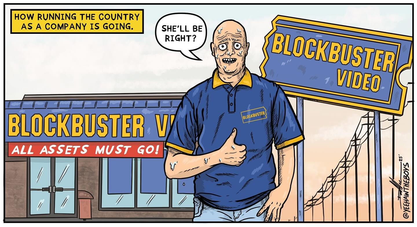 Cartoon comparing Luxon's management to running Blockbuster video.