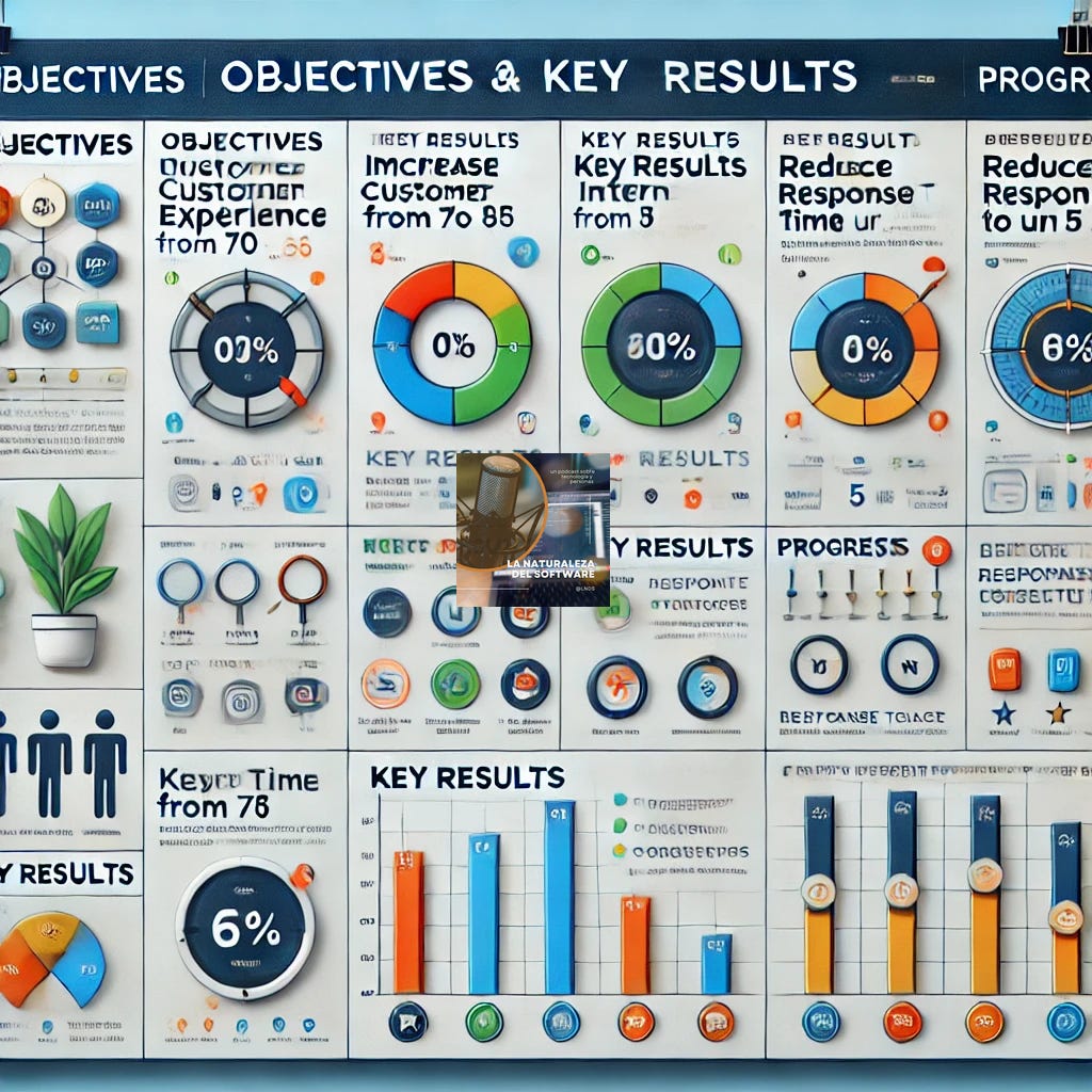 A visual OKR dashboard showing objectives and key results. The dashboard includes a clean, organized table with columns for 'Objectives,' 'Key Results 1,' 'Key Results 2,' and 'Progress.' The rows display various objectives, such as 'Improve customer experience' and 'Automate internal processes.' Each objective has associated key results, such as 'Increase NPS from 70 to 85' or 'Reduce response time to under 5 minutes.' There are progress bars showing percentage completion for each key result, with color-coded indicators (green, yellow, red) for status. The layout is professional and modern with clear headings and icons for easy readability.