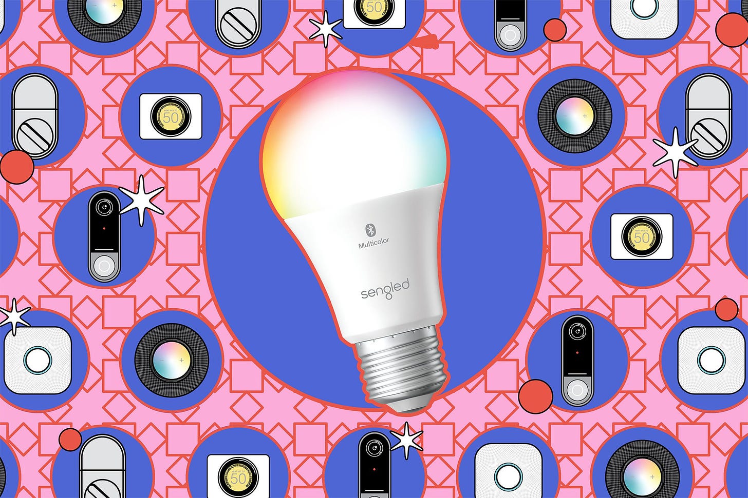 An illustration featuring a light bulb and several smart home devices.